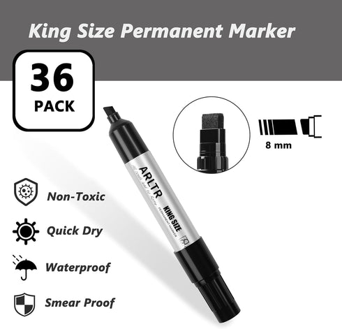 ARLTR 36 Permanent Markers King Size (Black), Bulk of Large Chisel Tip, Works on Plastic, Wood, Stone, Metal, Glass