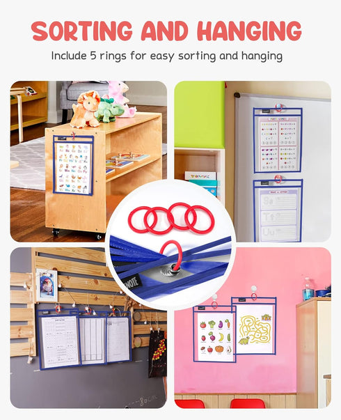 Gamenote Dry Erase Pockets 30 Pack with Rings, Oversized Reusable Plastic Sleeves for Classroom Organization