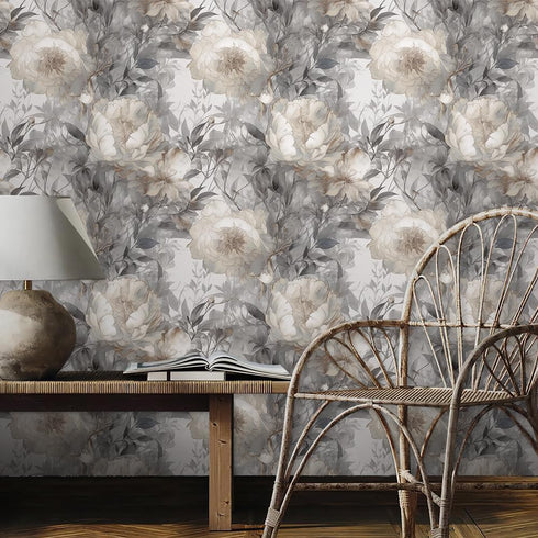 REDAMANCY 17.7"x236" Ivory Grey Peony Flower Watercolor Peel and Stick Wallpaper Modern Wall Paper Stick on Contact