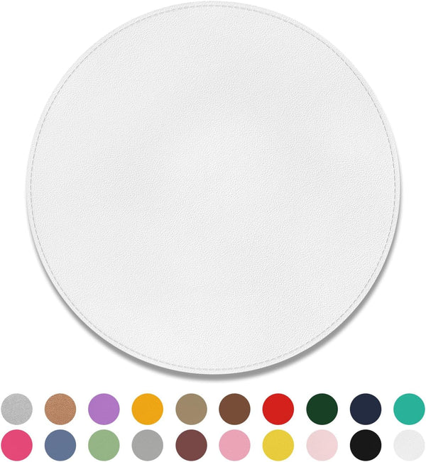 Hsxnam Leather Mouse Pad - Non-Slip Rubber Base, Stitched Edge, Washable Waterproof Round Mousepad, 8.7 inches, White