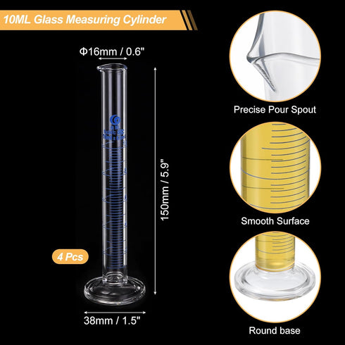 PATIKIL 10ml Graduated Cylinder, 4Pcs 3.3 Borosilicate Glass Measuring Cylinder Round Base for Lab Experiment, Clear