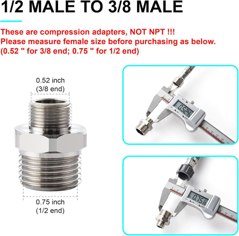 1/2 to 3/8 Reducer Faucet Adapter - Compression Brass Pipe Fitting, 3/8 Male to 1/2 Male Supply Line Adapter for RV Kitchen Plumbing, Water Hose Pipe Connector with Rubber Washer, (2 Pack) by PerPaiMe