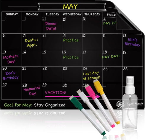 Black Magnetic Calendar for Refrigerator, Dry Erase Calendar for Family, Kids, Menu Planner, 12 x 16in with 4 Markers