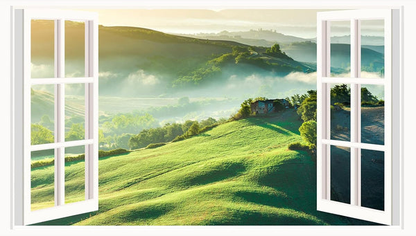 Mountain View Wall Stickers, 3D Fake Window Nature Scenery Decals for Bedroom Living Room, Removable Wall Murals
