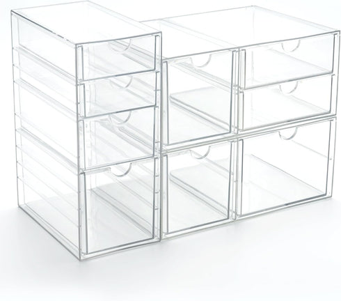 Prsildan Acrylic Drawer Makeup Organizer with 9 Drawers - Set of 3 Clear Stackable Storage Drawers for Vanity