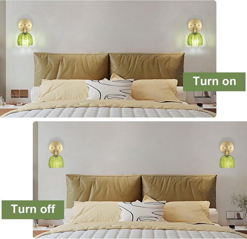 Set (Bulbs Hardwired Wall Sconces of Two, Vintage Wall Lights with Green Tulip Glass Lampshade, Gold Wall Lamps