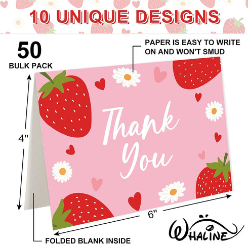 50 4 6 Inch Whaline Pcs Strawberry Thank You Cards Greeting Cards with Envelopes Stickers Pink Fruit Blank Note Cards