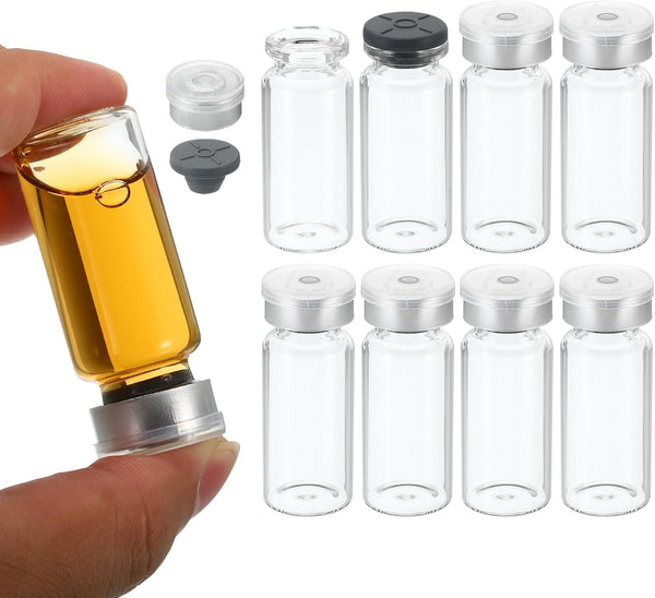 PATIKIL 10 Pack 10ml Sample Vials, Transparent Borosilicate Glass Vials with Butyl Rubber Stopper & Crimp Top Caps