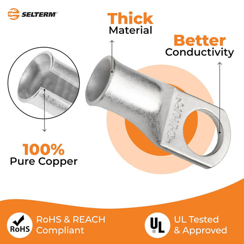 SELTERM 15pcs 1/0 AWG 1/2" Stud UL Marine Grade Battery Terminal Connectors - Tinned Copper Cable Lugs