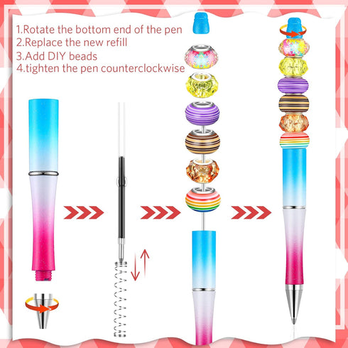 Crtiin 50 Pieces Plastic Beadable Pen Bulk - Black Ink Beaded Pens with 50 Refills for DIY Making Gift