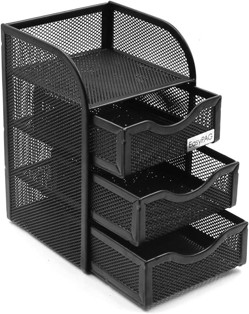 EasyPAG Mesh Desk Supplies Organizer with 3 Drawer, Office Desktop Organizers and Accessories Stationery Caddy, Black