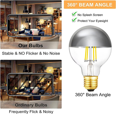 XININSUN Dimmable Half Chrome Light Bulb, 6W (60W Equivalent), E26 G80 Silver Dipped, 4000K Daylight, 4 Pack