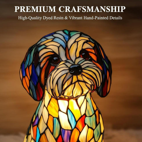 Generic 6.3inch Rainbows Pup Lamp Stained Glass Resin Dog Table Lamp, USB Powered LED Night Light for Bedroom, Desk