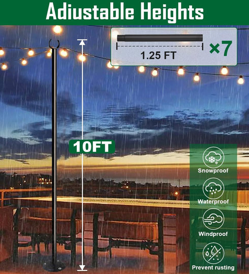 Tigerden 10ft 1 Pack String Light Pole for Hard Surfaces, Light Pole for Outdoor String Light, Perfect for Garden