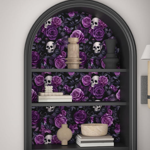 17.5" 393.7", Black Purple Wallpaper Peel and Stick, Dark Floral Skull Contact Paper x Vintage Rose Gothic Flowers Wall