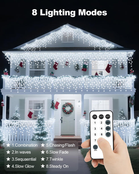 33FT 306 8 Christmas Ice Lights Outdoor, Cold White LED Modes Plug in Xmas Tree Decorations Twinkle Fairy Light String
