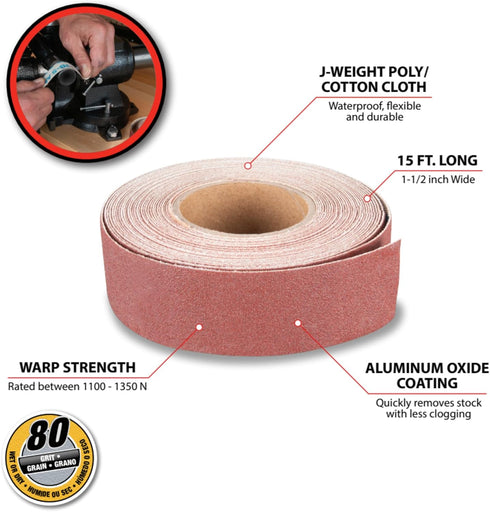 Performance Tool W3051 80-Grit Emery Cloth Roll, 15ft x 1.5in for Woodworking and DIY Projects