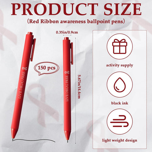 Cholemy 150 Pcs Red Ribbon Week Pen, Black Ink Retractable Ballpoint Pens for Red Ribbon Awareness Supplies, Charity