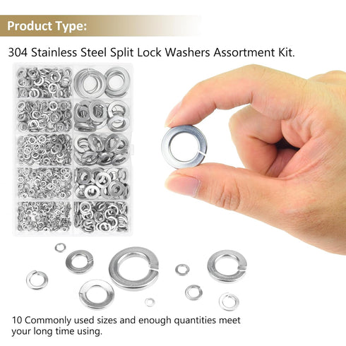 487 Pieces 304 Stainless Steel Lock Washers Assortment Kit, Kindroufly Split Lock Washers, 10 Sizes, 1/2" 3/8" 5/16"