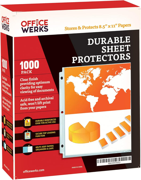 Office Werks 1000 Sheet Protectors, 8.5 x 11 Inch Clear Page for 3 Ring Binder, Durable Top Loading Plastic Sleeves