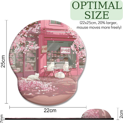 Cat Ergonomic Mouse Pad with Wrist Rest, Pink Cherry Blossom Design, Non-Slip Pain Relief Base, Cute Office Decor