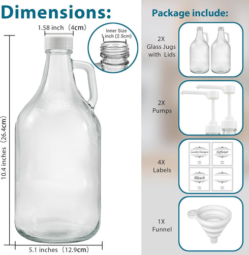 2 64 oz Pcs Glass Liquid Laundry Detergent Dispenser with Pump (Upgraded), Dispenser for Laundry Room, Half Gallon