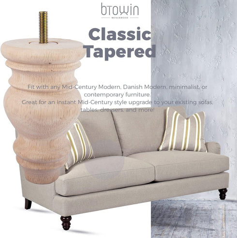 Btowin 5 inch 4Pcs 5/16'' Unfinished Wooden Bun Feet, Solid Wood Furniture Legs with Threaded Hanger Bolts & Mounting