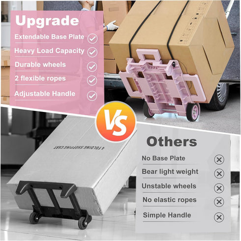 2 Backpack Folding Dolly Pink Hand Cart,Folding Hand Truck Aluminum Trolley,Small Dolly, Foldable Hand Cart Wheel