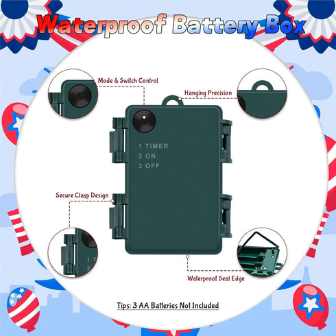 cshare 4th Lights16.4ft 50LED Red White and Blue String Lights Battry Operated with Timer Waterproof, of July String