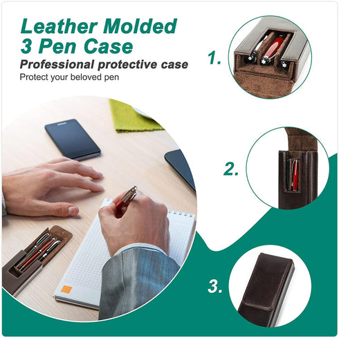 Top Grain Genuine Leather 3 Pen/Pencil Tray Case Holder, Handmade, Magnetic Closing, Glossy Red, 3 Slots, No Logo