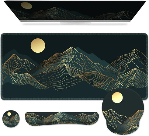 iCasso Large Mouse Pad - 4in1 XXL Mousepad + Keyboard Wrist Rest + Coaster Set, Ergonomic Design (Cyan-Mountain)