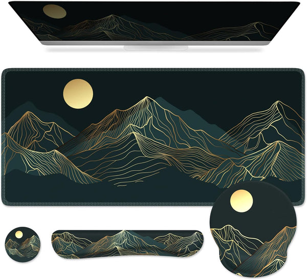 iCasso Large Mouse Pad - 4in1 XXL Mousepad + Keyboard Wrist Rest + Coaster Set, Ergonomic Design (Cyan-Mountain)