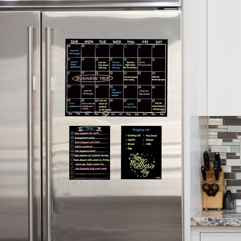 Magnetic Chalkboard Monthly Calendar with Neon Bright Liquid Chalk Markers, Black Refrigerator Planning Board with