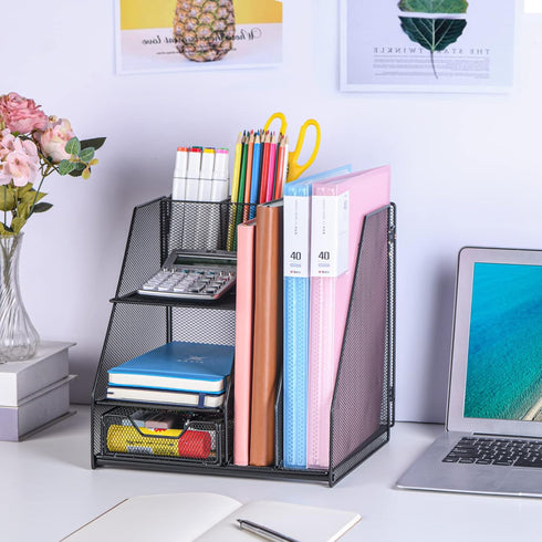 Desk Organizer with 2-Tier Paper Letter Tray, Drawer, and 2 Pen Holder for Office Supplies