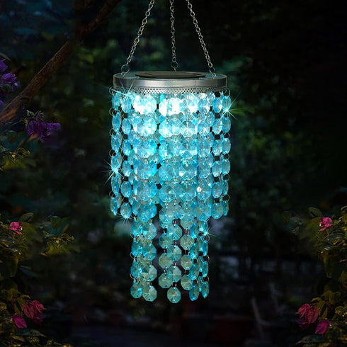 LEWIS&WAYNE 21 Hanging Solar Crystal Chandelier Outdoor, Modern Solar Blue Acrylic Beaded Lantern with Cool White LED S