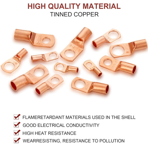 Weewooday Copper Battery Cable Ends 12 Sizes Battery Terminal Connectors Copper Lug Ring Terminal for AWG4-12