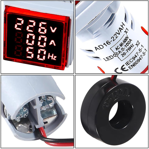 3 in 1 Digital Ammeter Voltmeter, 60-500V 0-100A, 22mm Square Screen with Transformer, LED Display