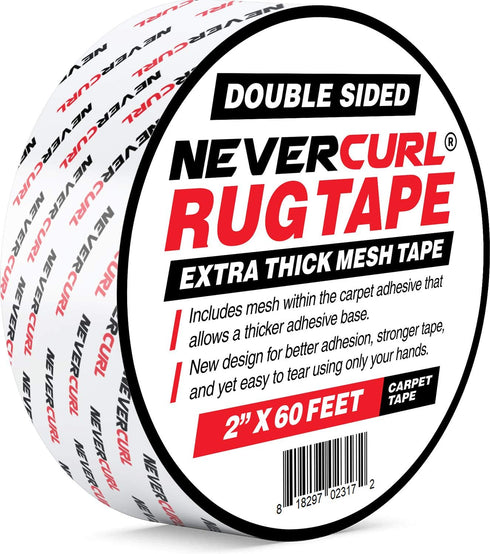 iPrimio NeverCurl Double Sided Carpet Tape, Extra Thick Rug Tape with Mesh Fabric - 2" by 60 Feet Roll