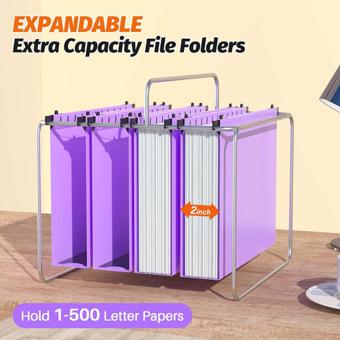Extra Capacity Plastic Hanging File Folders, 12 Pack, Heavy Duty 2 Inch Expansion, Letter Size, Purple