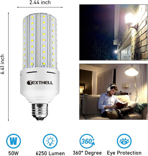 Led Light Bulb 400W Equivalent 6250 Lumen 5000K E26/E27 Medium Base 50W led Bulb for Outdoor Indoor Lamp Area Garage Warehouse Workshop Street Backyard by TEXTHELL