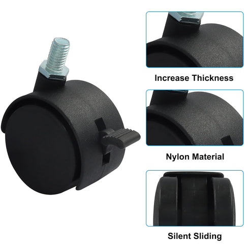 MangoOrder 4-Pack 360-Degree Swivel Caster Wheels with Threaded Stem and Brake, Floor-Protecting Nylon Rolling Wheels