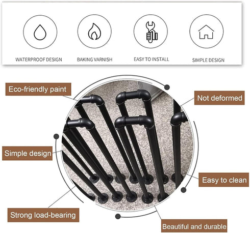 PAUANI Villa(Black,45cm Stair Handrail, Matte Black U-Shaped Industrial Wrought Iron Railing, Non-Slip Safety Indoor