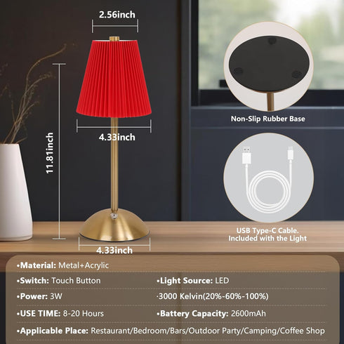 baishezhuan 12 Inch Red Table Lamps , Small Gold Table Lamp for Girl's Bedroom Cute Coquette Table Lamp with Fabric