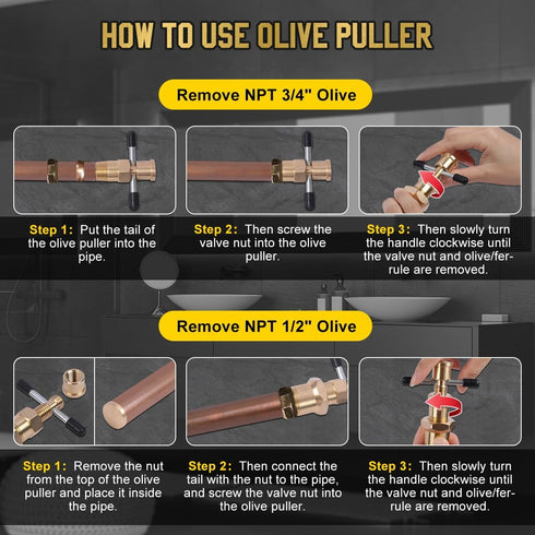 Olive Puller Not Damage The Pipe, Corrosion-Resistant Compression Ring Removal Tool for Brass Pipes NPT 1/2" & NPT 3/4"