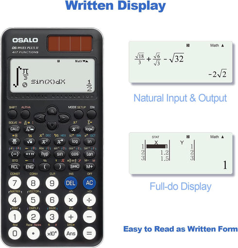 OSALO Scientific Calculator, 417 Function, 2 Line 10+2 Digits Written Display, Solar and Battery for School