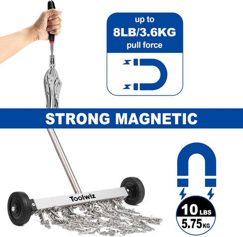 15" 10lbs, 8 lbs Toolwiz Rolling Magnetic Sweeper with Telescopic Magnetic Pick Up tools with LED light Telescoping