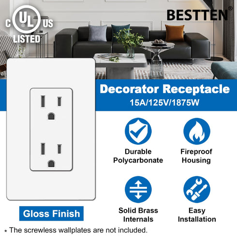 BESTTEN 15 Amp Decor Electrical Wall Outlet Receptacle, Non-Tamper-Resistant, 10 Pack, White
