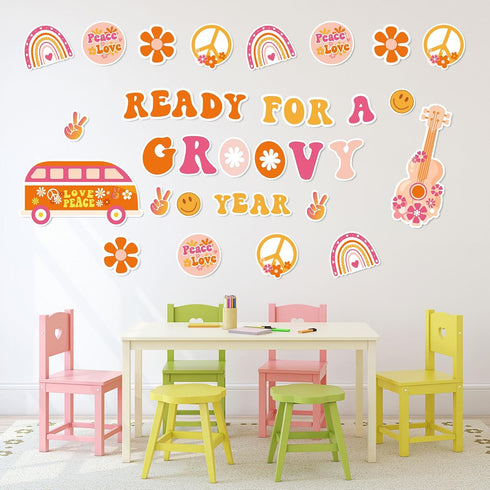 Whaline 60Pcs Groovy Retro Boho Bulletin Board Kit, Pink Orange Rainbow Flower Cutouts for Classroom Office Decor