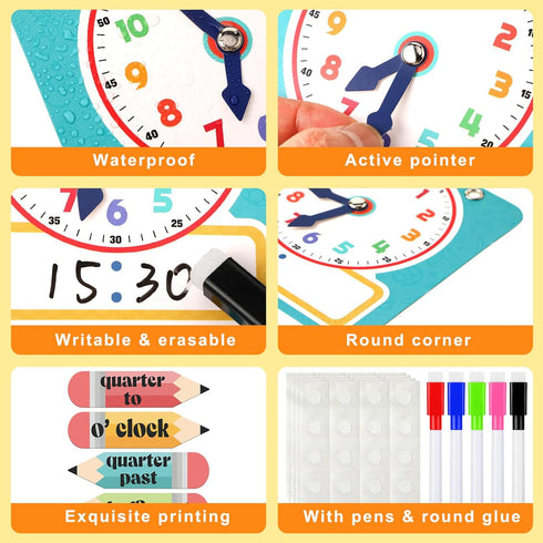 Yeaqee 31 Pcs Telling Time Bulletin Board, Analog Clock Practice with Dry Erase Pens for Home, Classroom