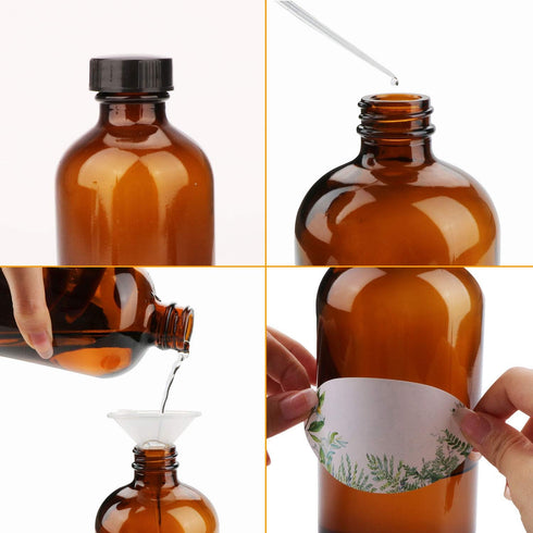 8oz Amber Glass Bottles, 20 Pack with Black Lids, 20 Labels, Funnels, Droppers, and Brush